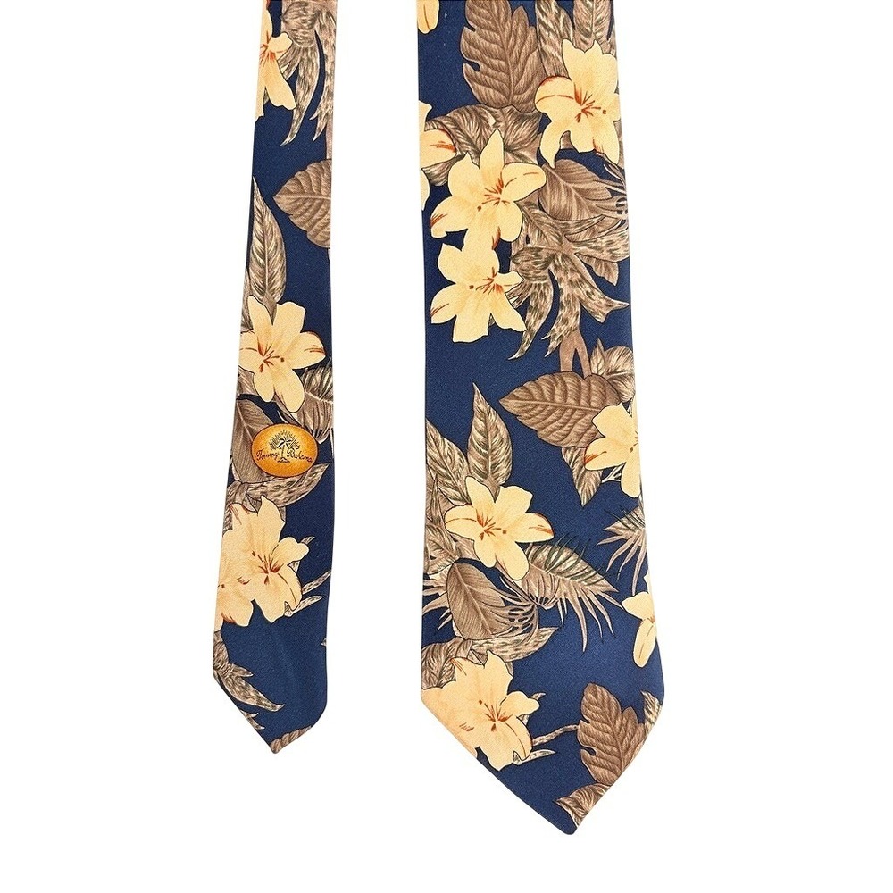 Tommy Bahama Mens Silk Necktie Navy Blue Yellow Floral Hibiscus Tropical Leaf
